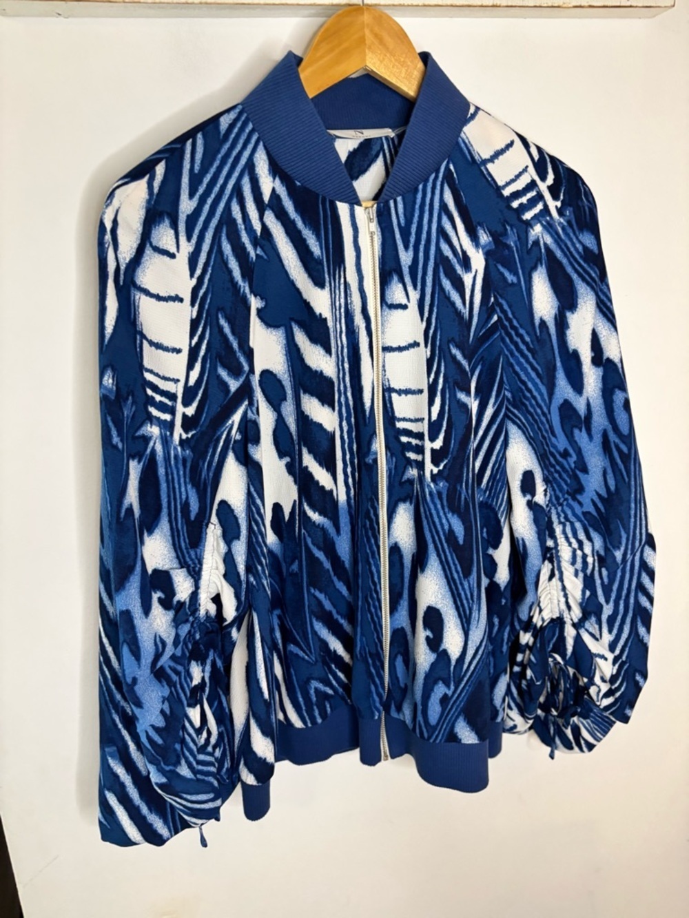 Natori Blue and White Abstract Print Lightweight Bomber Jacket